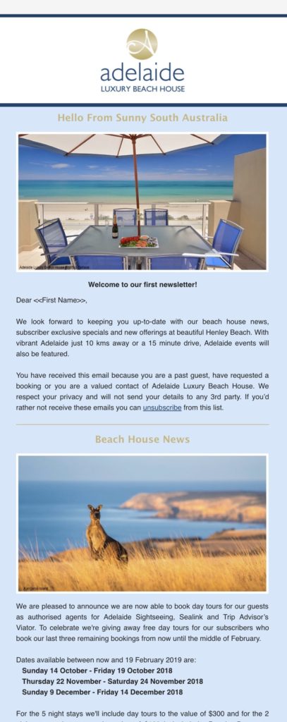 Adelaide Luxury Beach House Mailchimp