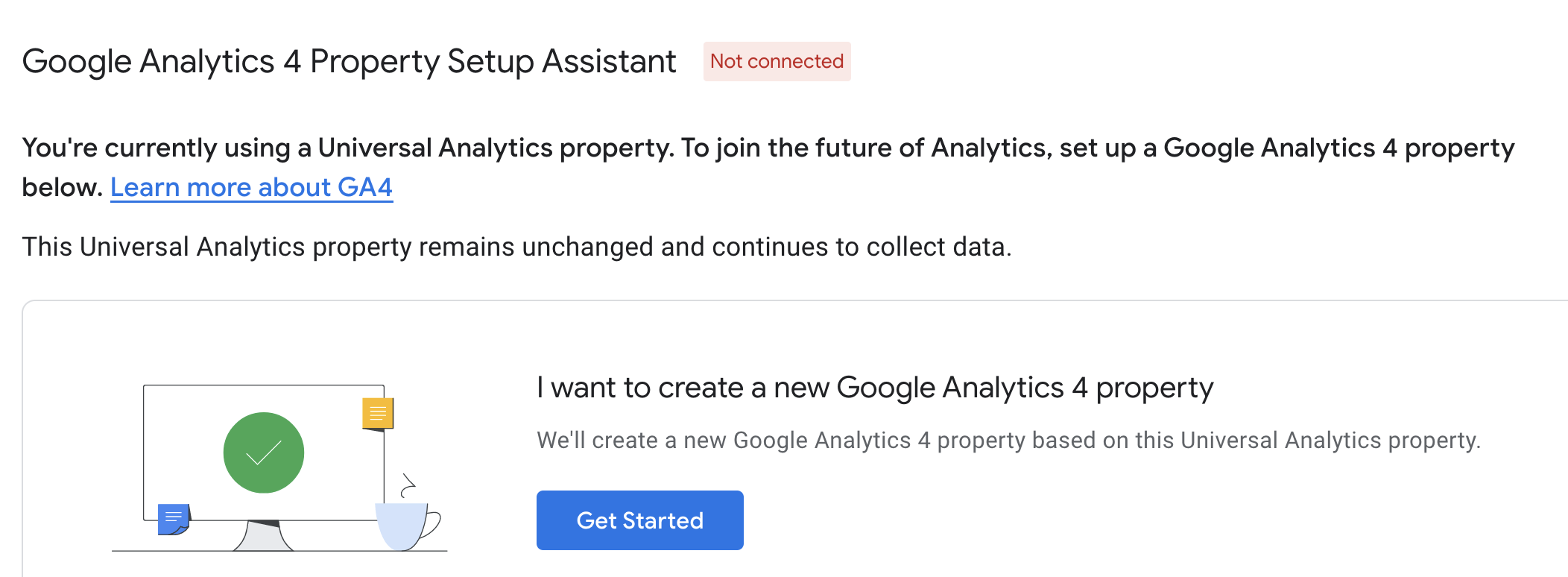Google Analytics create G4 property create new get started